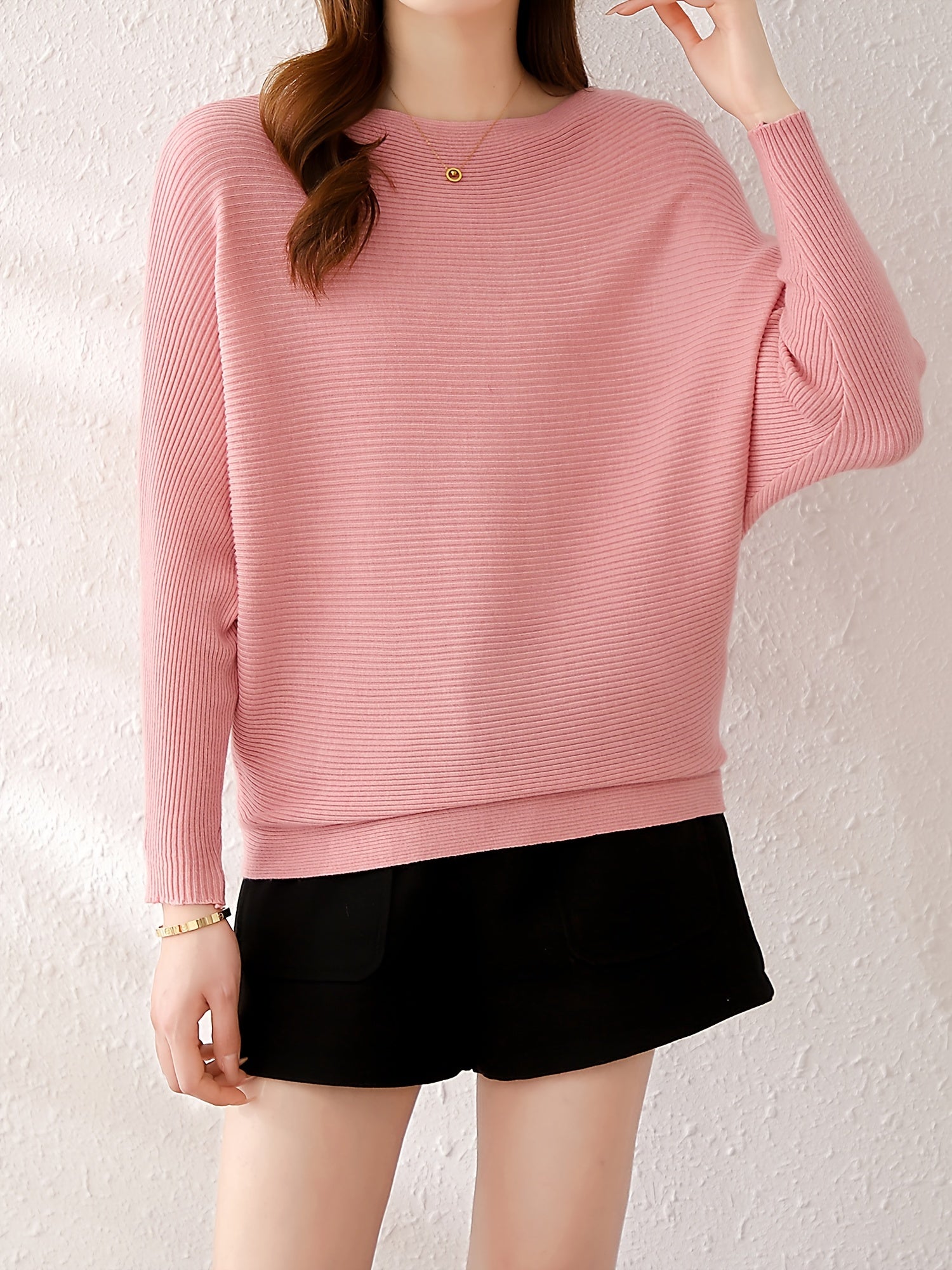Solid Batwing Sleeve Knit Sweater Boat Neck Casual Sweater
