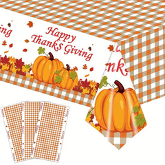 Thanksgiving Checkered Maple Leaf Tablecloth Happy Thanksgiving Pumpkin Supplies