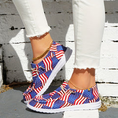 Women's Flag Print Canvas Shoes Lace Up Outdoor Sneakers Lightweight