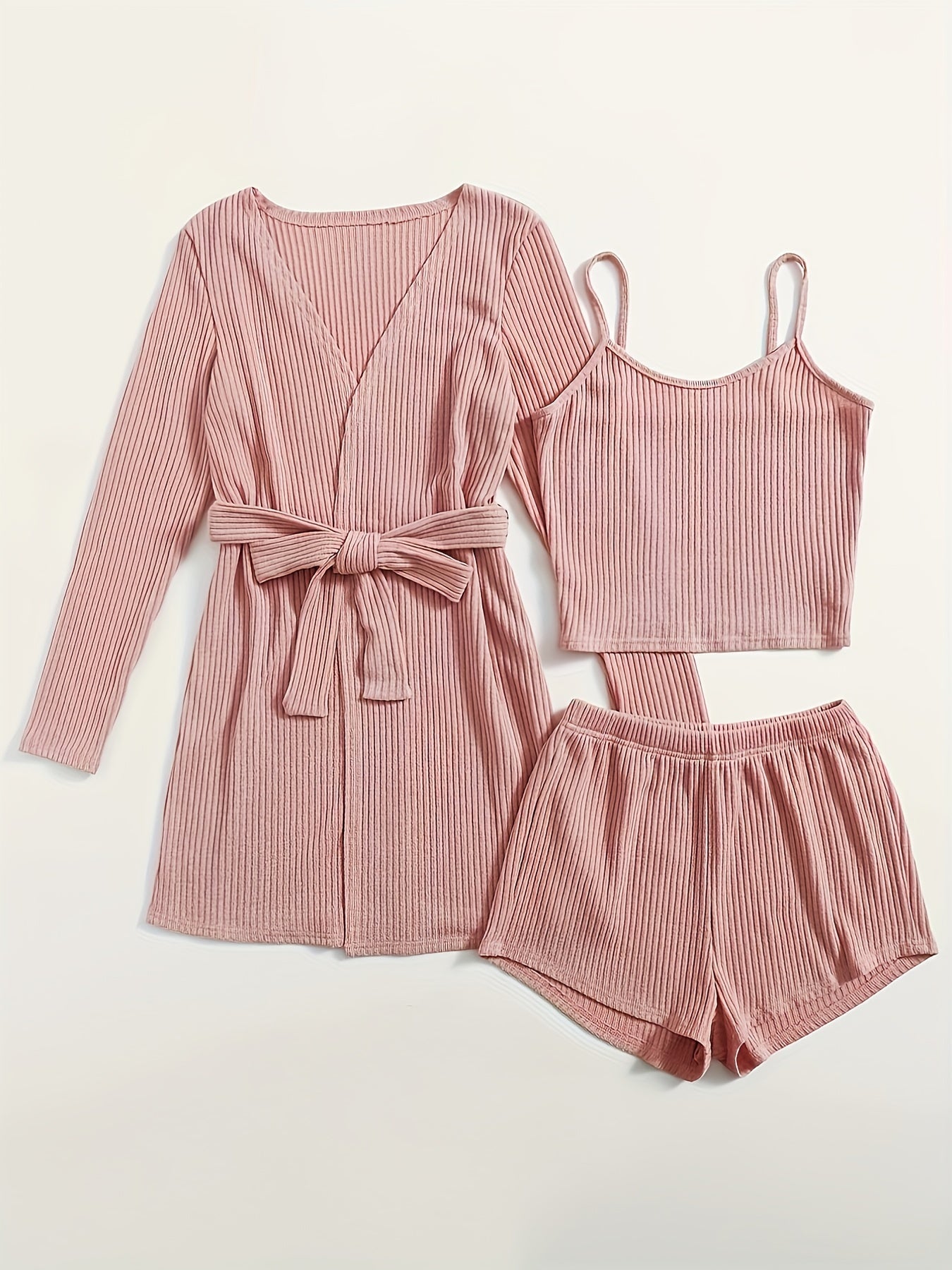 Ribbed Knit Lounge Set: Cami Top, Shorts & Bathrobe Pajama