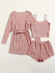 Ribbed Knit Lounge Set: Cami Top, Shorts & Bathrobe Pajama