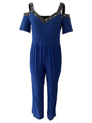 V Neck Cold Shoulder Jumpsuit Sexy Wide Leg