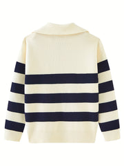 Girls' Striped Zip Collar Knitted Pullover Sweater