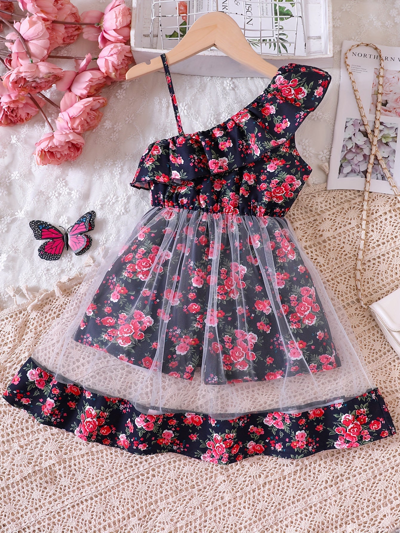 Toddler Girls Ruffle Trim Flowers Graphic Rompers Jumpsuits