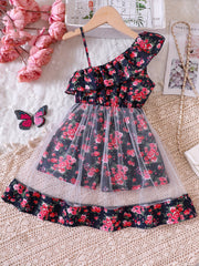 Toddler Girls Ruffle Trim Flowers Graphic Rompers Jumpsuits