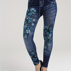 Butterfly & Denim Print Leggings Casual Stretchy Skinny Leggings