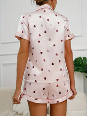 Heart Print Pajama Set Short Sleeve Top & Shorts Women's Sleepwear