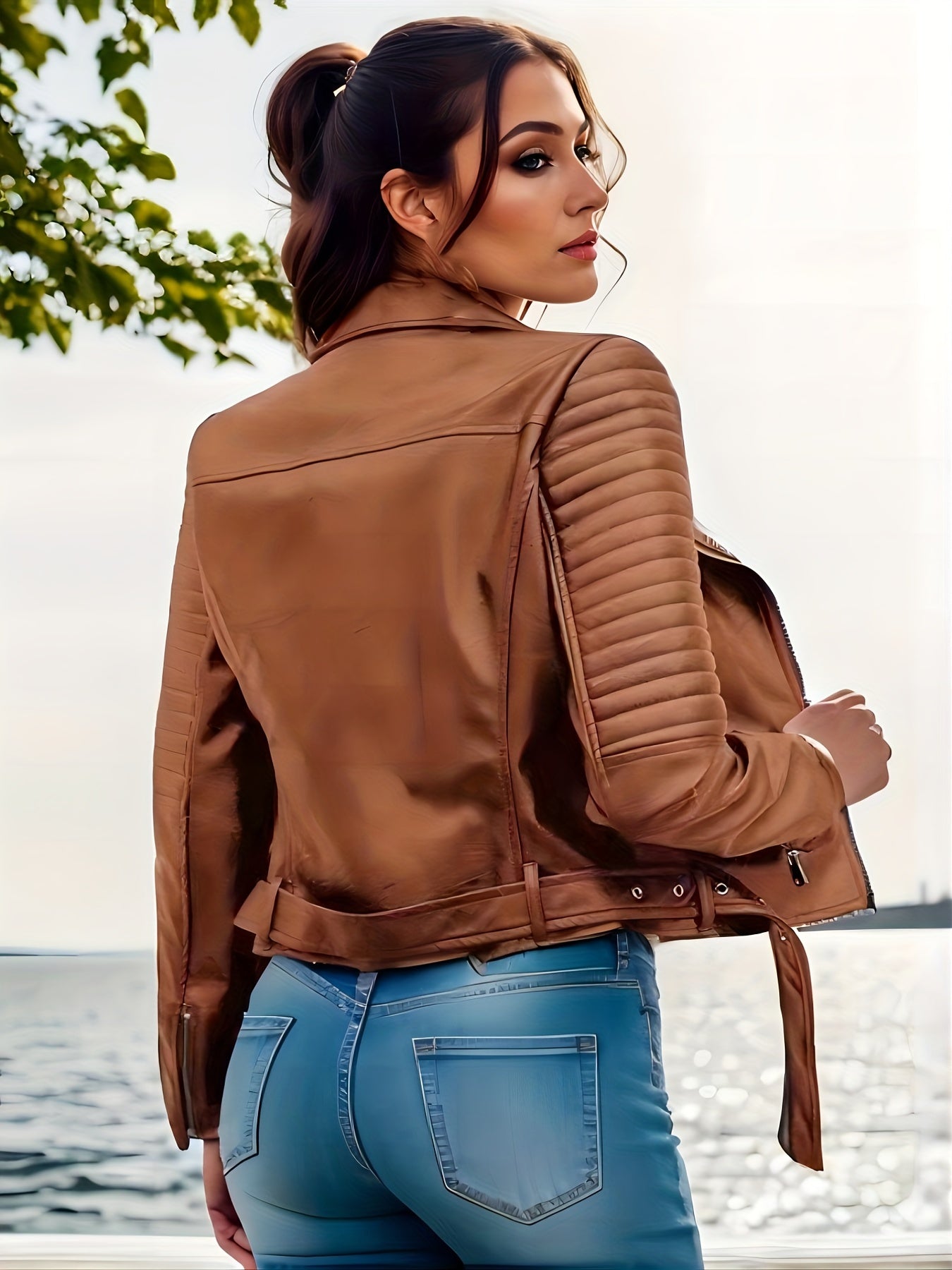 Solid Leather Biker Jacket Long Sleeve Zipper Outerwear