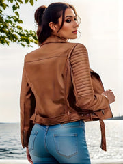 Solid Leather Biker Jacket Long Sleeve Zipper Outerwear