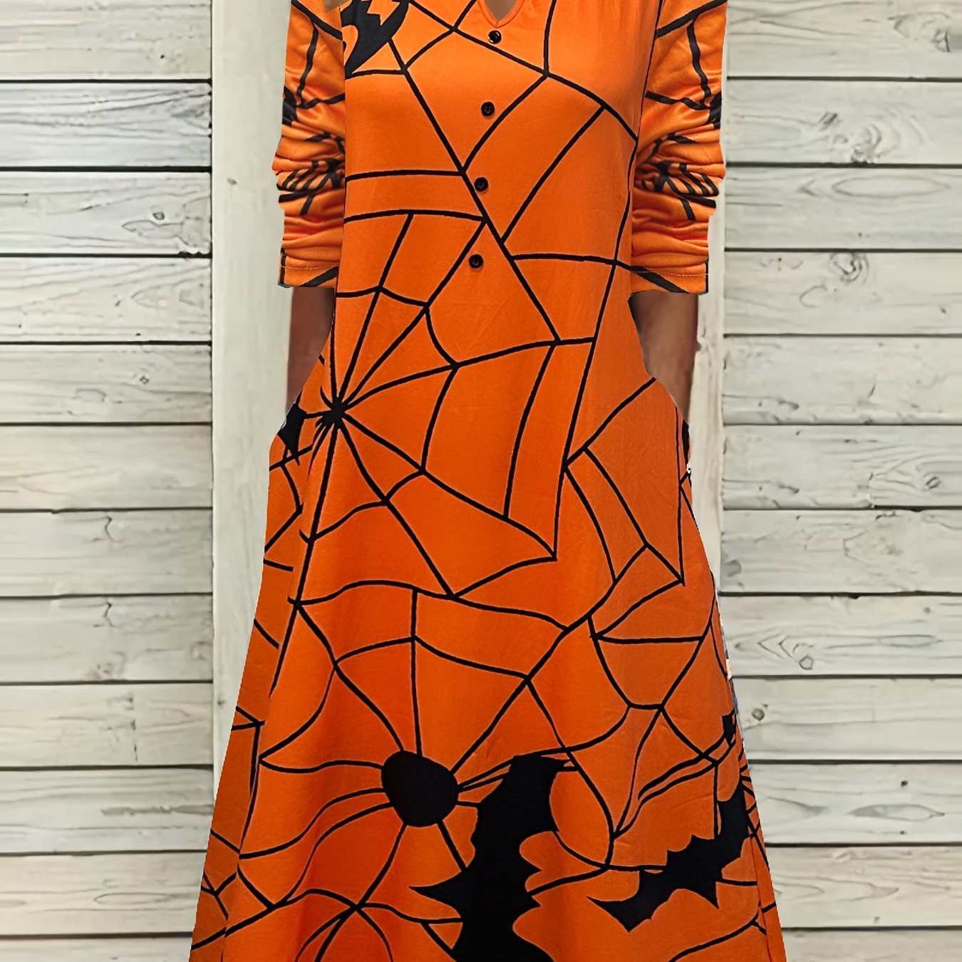 Halloween Web & Bat Print Long Sleeve Dress