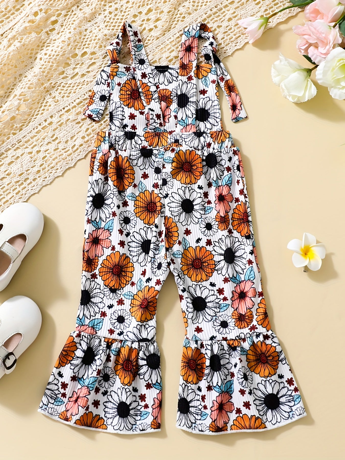 Floral Print Baby Girls Flared Overalls Suspender Bell Bottom Pants