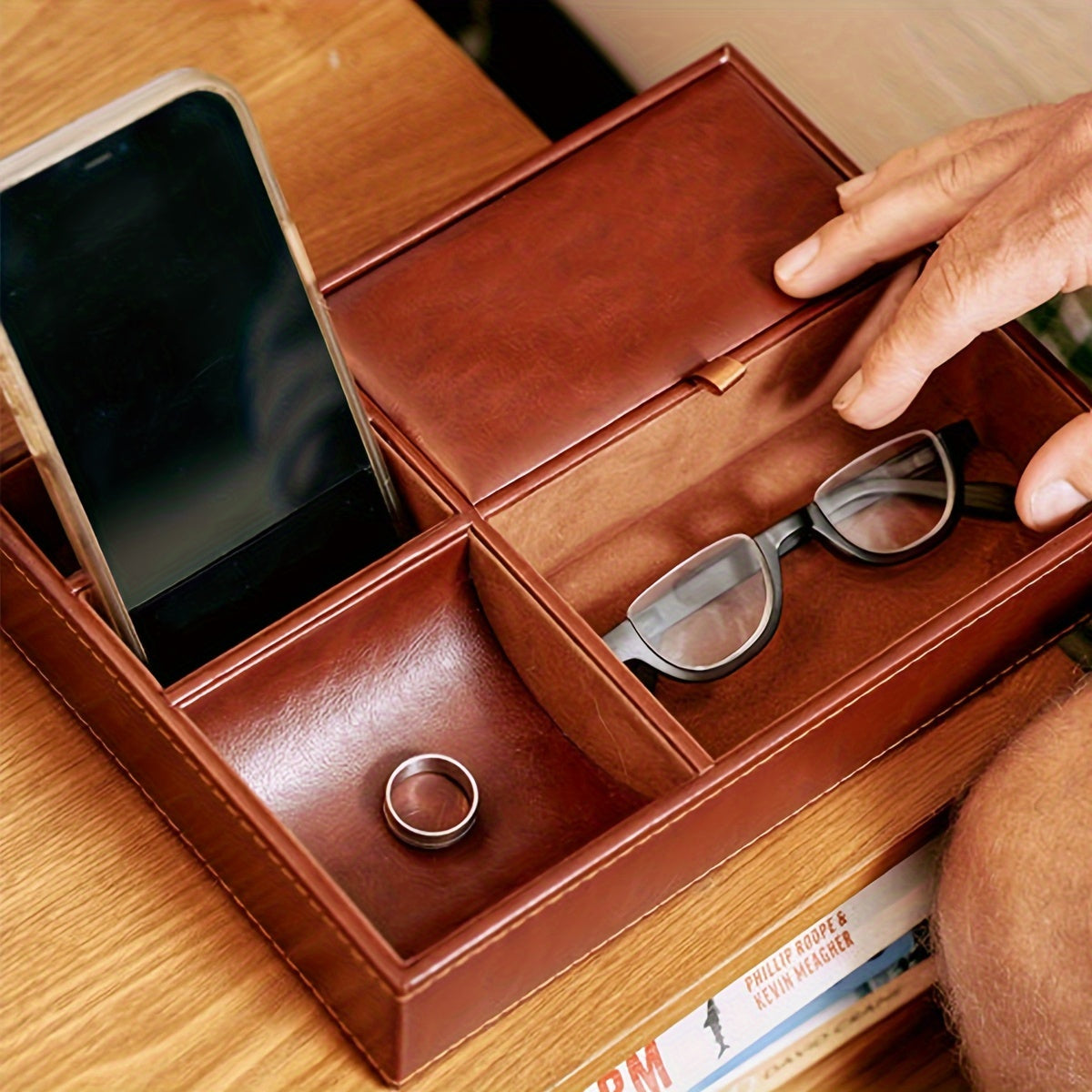Faux Leather Storage Tray Bedside Cabinet Storage Box Glasses Phone Jewelry