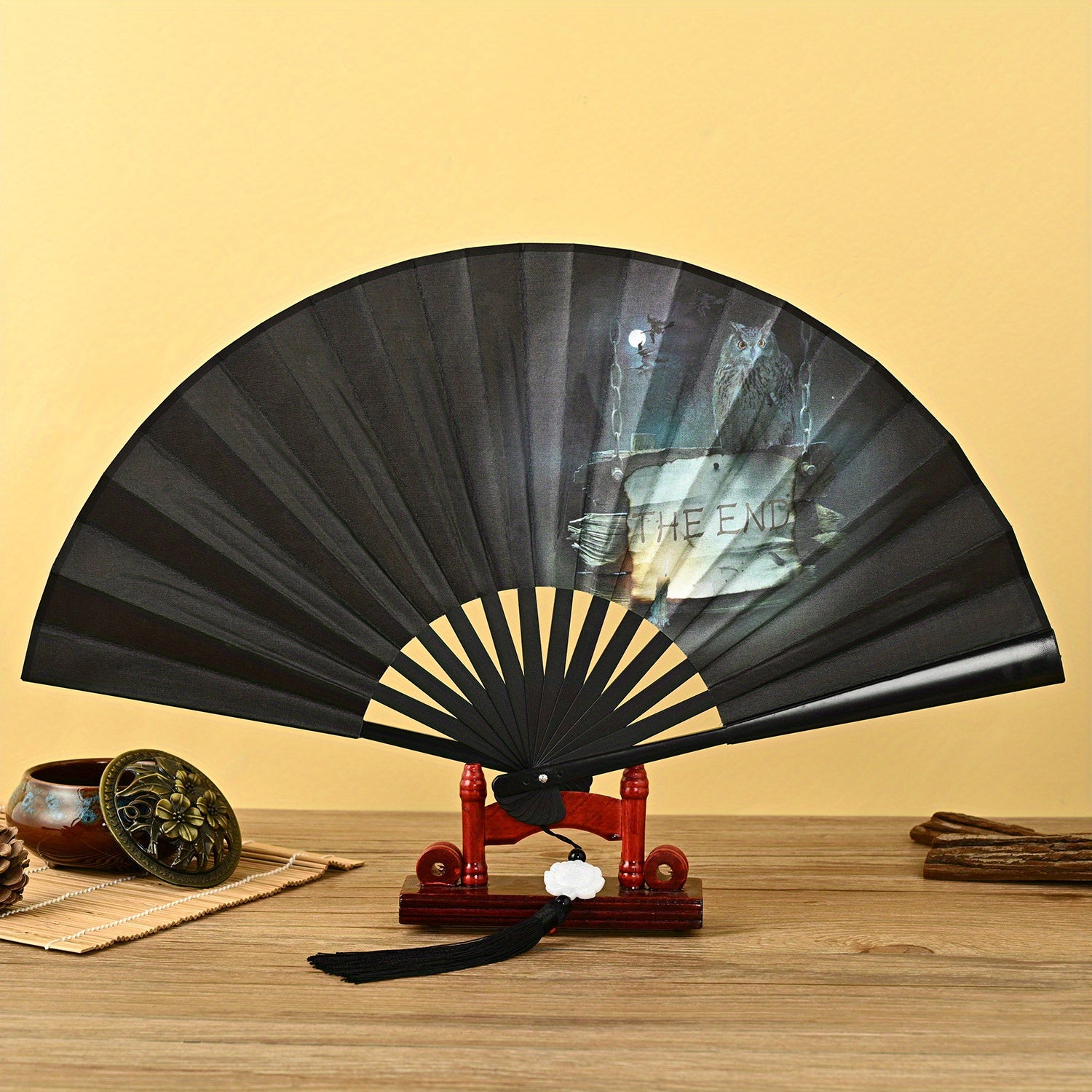 Ancient Style 32 Cm Folding Fan with Tassel Pendant for Men