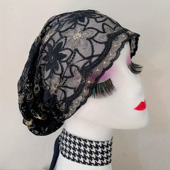 Vintage Embroidery Turban Cap Mesh Lace Head Wrap Elastic Beanie Women Bonnet