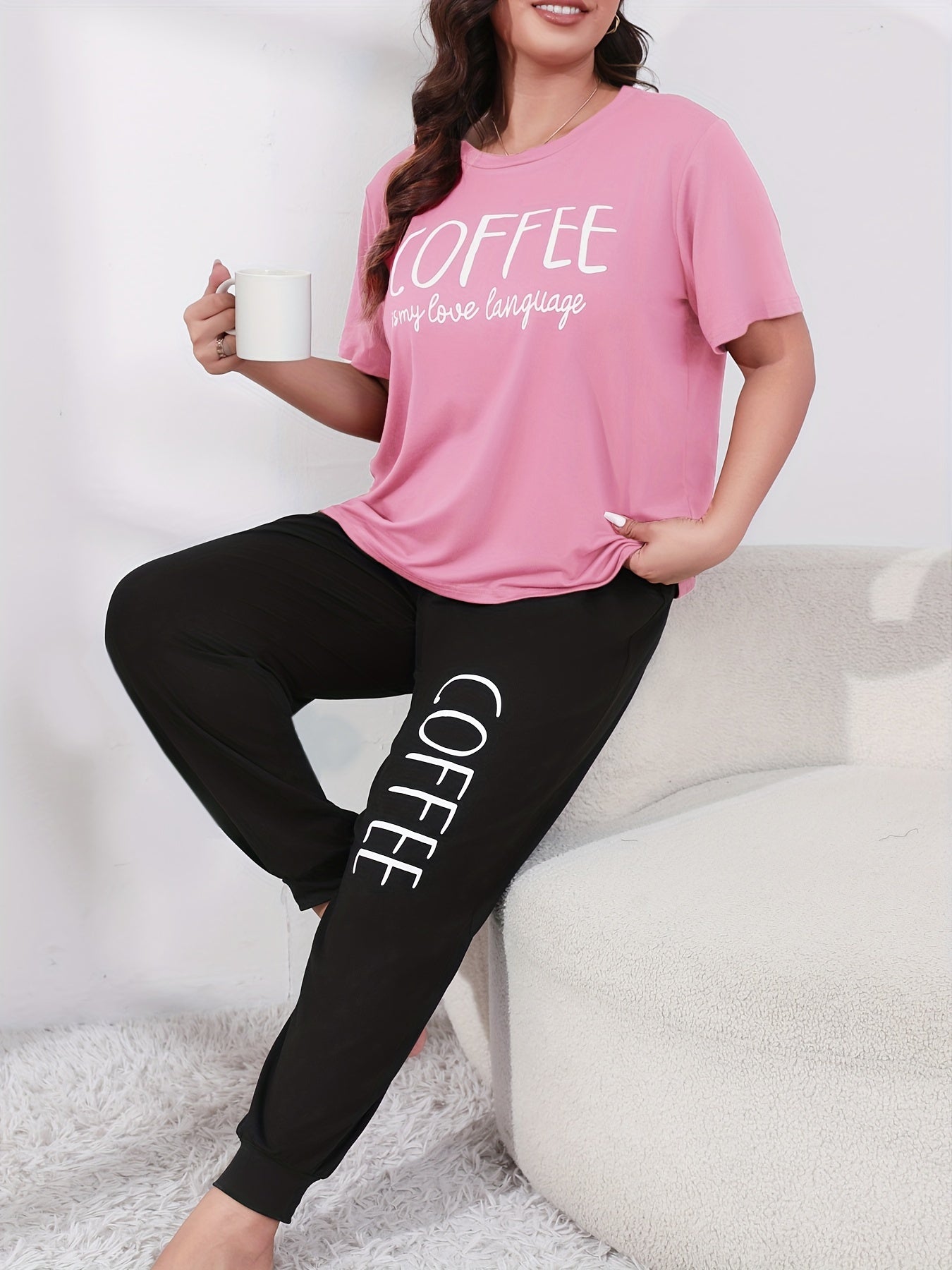 Casual Loungewear Set Women's Plus Letter Print Tee & Joggers