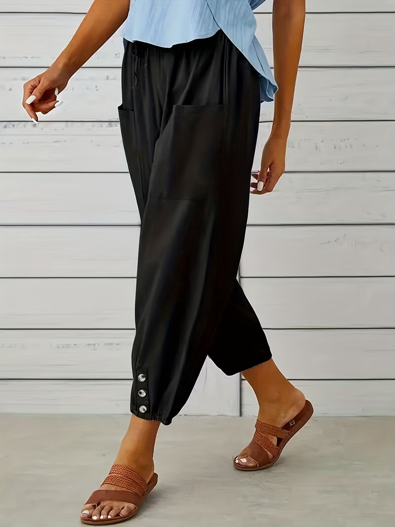 Drawstring Patched Pockets Casual Pants for Women