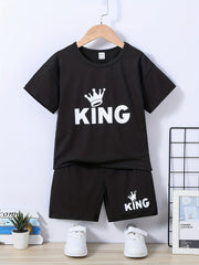 2pcs Boys Teen Casual KING Crown Graphic Print T shirt & Shorts Set