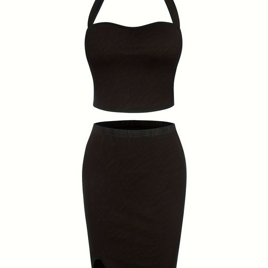Halter Neck Backless Crop Top & Slim Fit Skirt Set