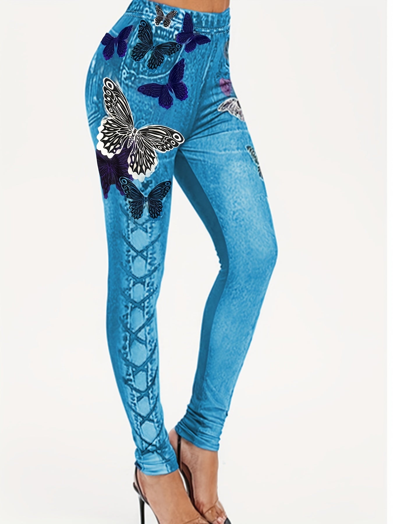 Butterfly & Denim Print Skinny Leggings Women's Casual Leggings C