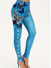 Butterfly & Denim Print Skinny Leggings Women's Casual Leggings C