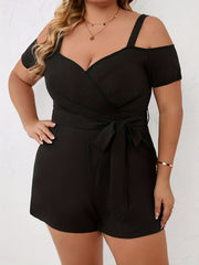 Cold Shoulder Short Romper With Belt V Neck Casual Romper