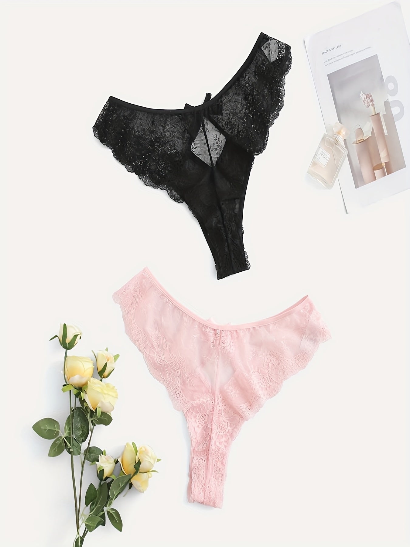 2 Pack Plus Size Sexy Panties Set Floral Lace Cut Out Bow Knot Briefs