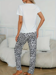 Leopard Print Pajama Set Short Sleeve Crew Neck Top & Lounge Pants