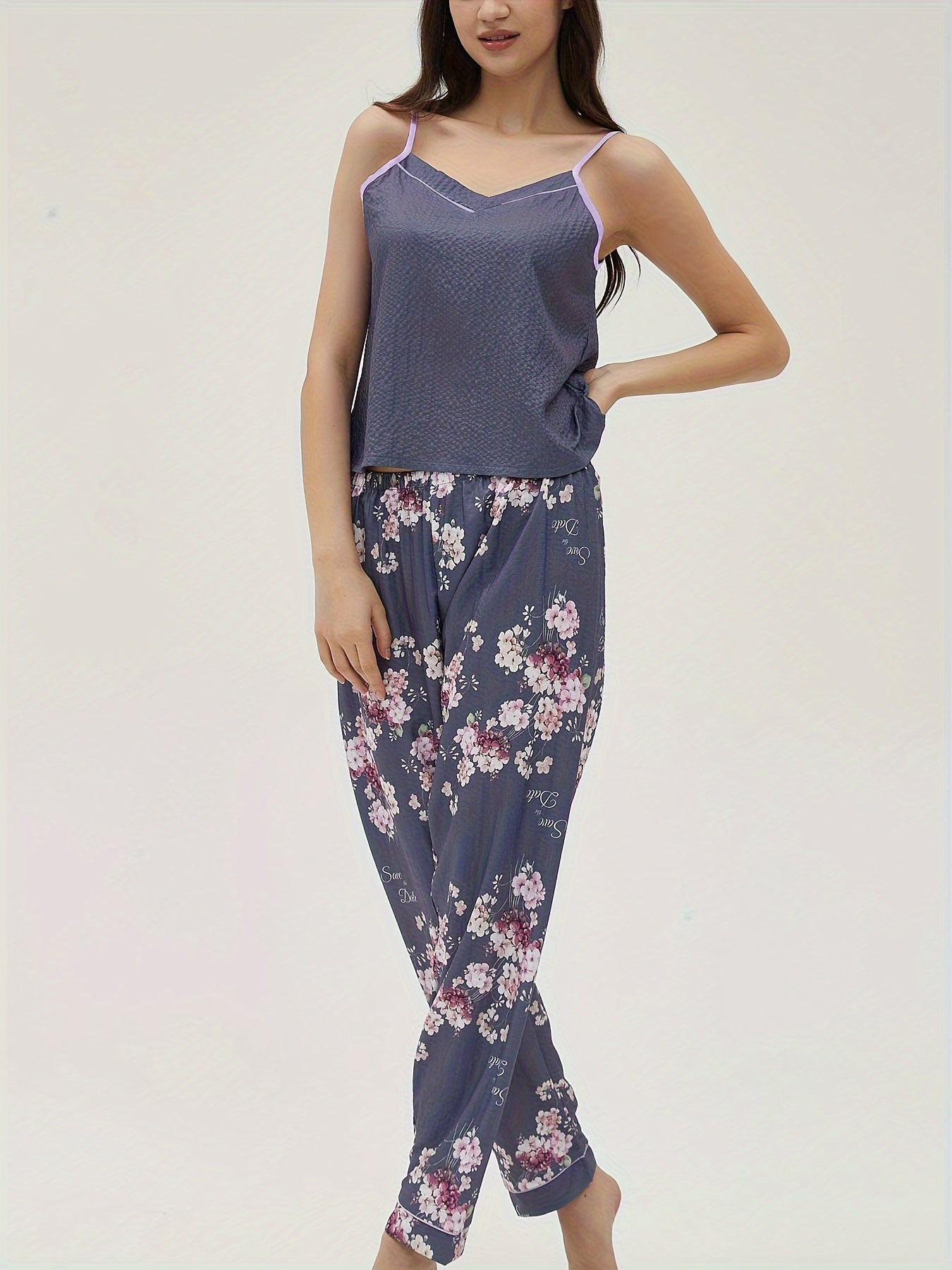 Floral Print Pajama Set V Neck Cami Top & Elastic Waistband Pants