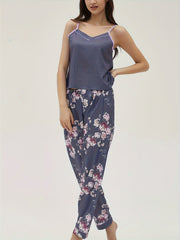 Floral Print Pajama Set V Neck Cami Top & Elastic Waistband Pants