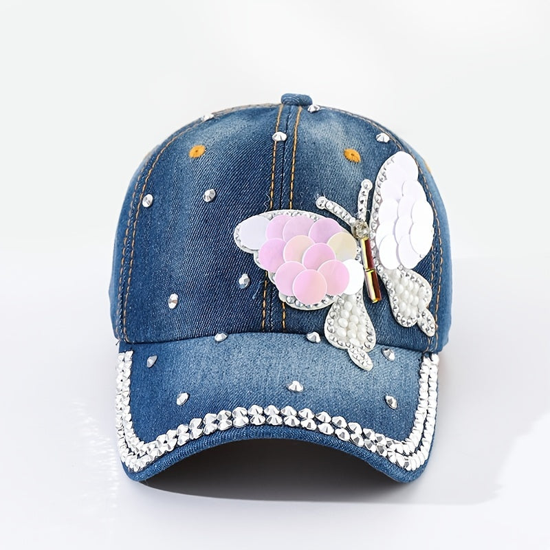 Sequin Butterfly Baseball Cap Rhinestone Denim Sports Hat Women's Dad Hats