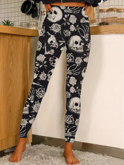Floral & Skull Print Skinny Leggings Casual Stretchy Leggings