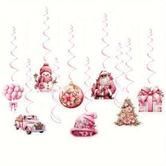 18pcs Pink Hanging Swirl Paper Santa Claus Decorations With Hooks