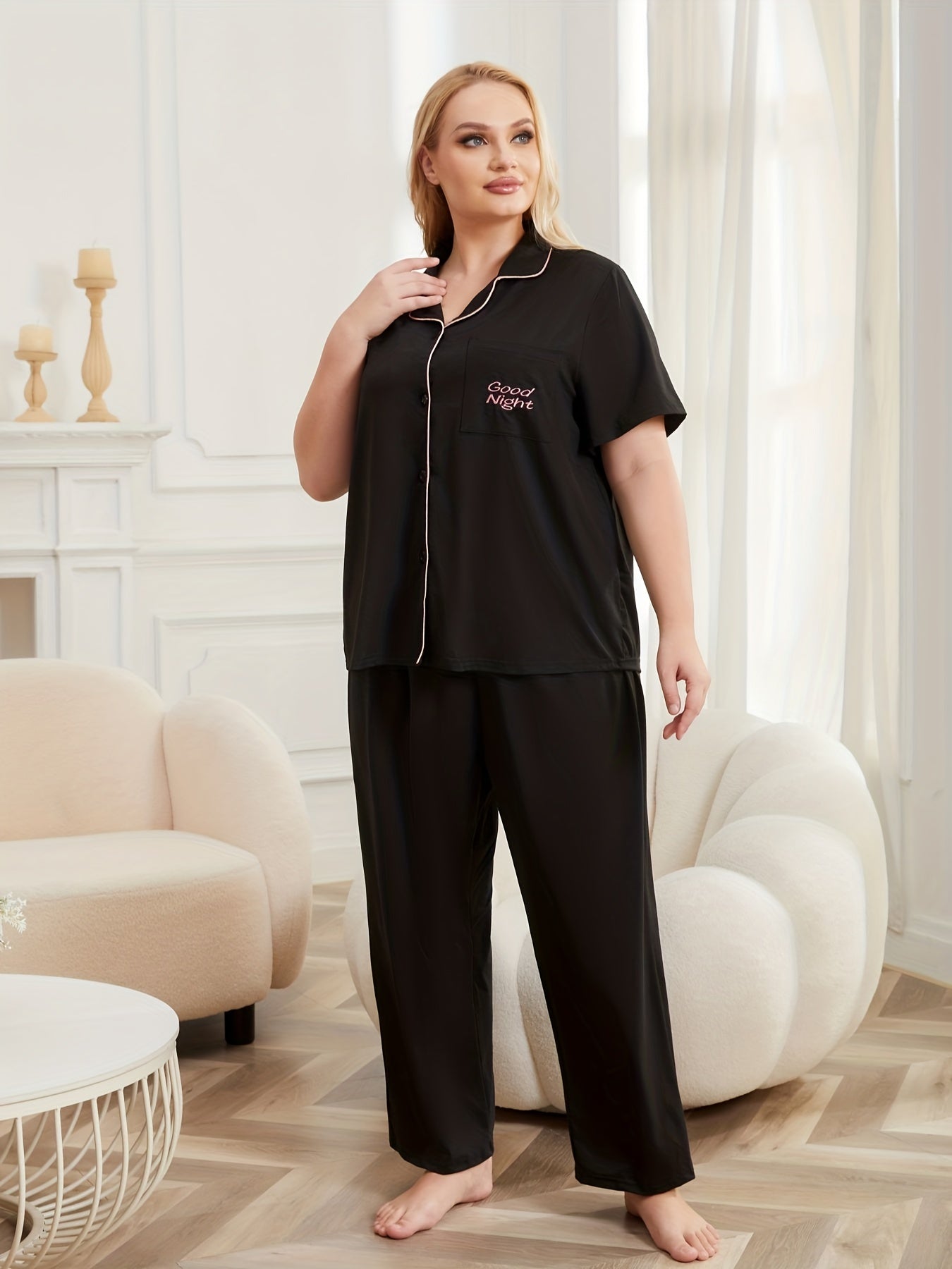 Women's Casual Pajama Set Short Sleeve Button Up Shirt & Pants