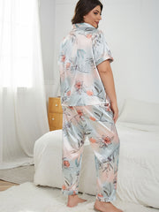 Tie Dye & Floral Print Short Sleeve Silk Satin Pajama Set