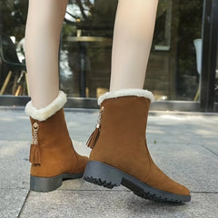 Women's Tassel Snow Boots Plush Lined Chunky Heel Comfortable Winter Boots
