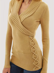 Solid Long Sleeve Shawl Collar Faux Wrap Lace Up Pullover Jumper