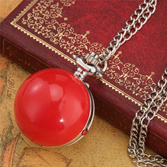 Mini Size Red Round Shape Quartz Analog Pocket Watch Necklace Chain Gift