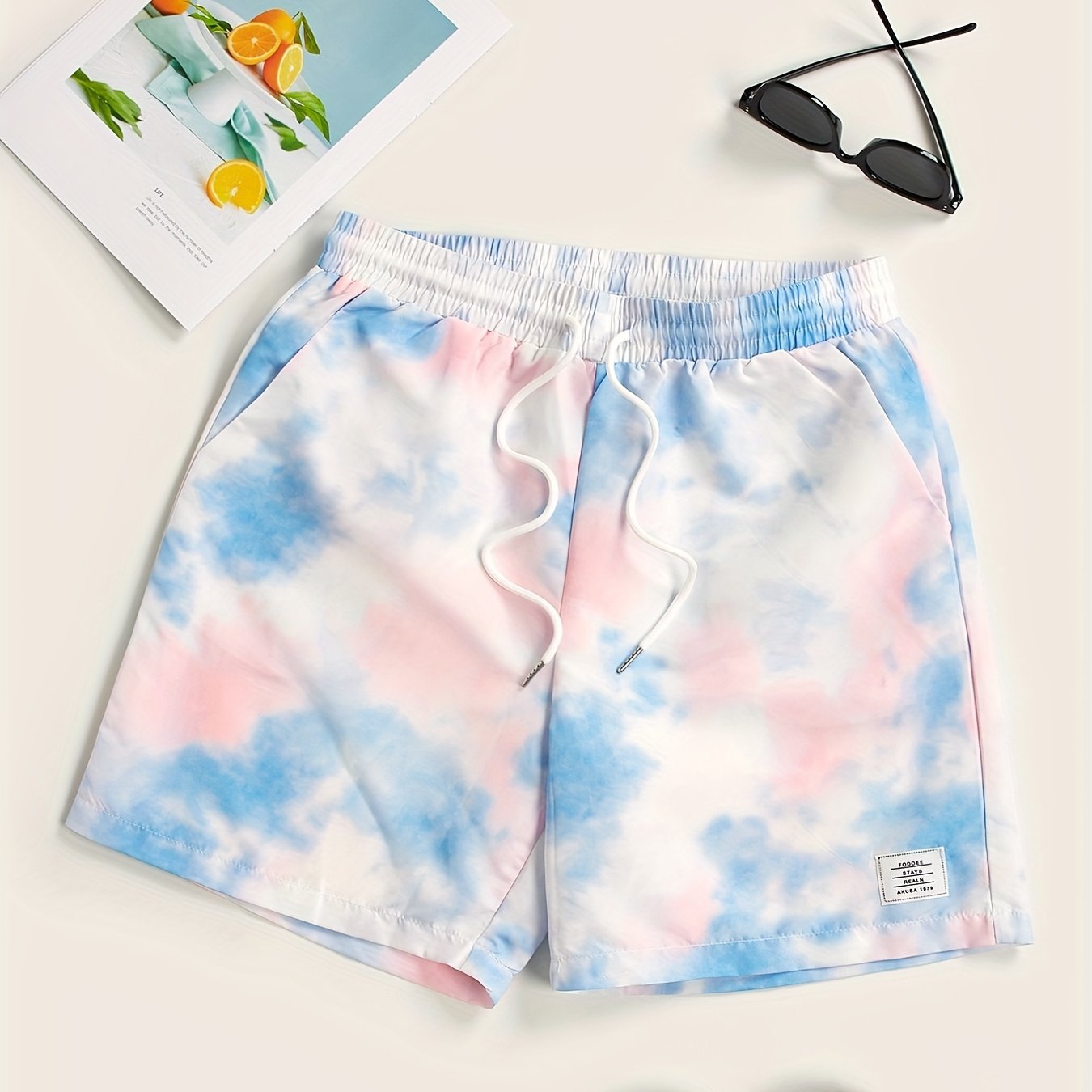 Men's Tie-Dye Beach Shorts, Drawstring Print, Size Up for Best Fit