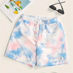 Men's Tie-Dye Beach Shorts, Drawstring Print, Size Up for Best Fit