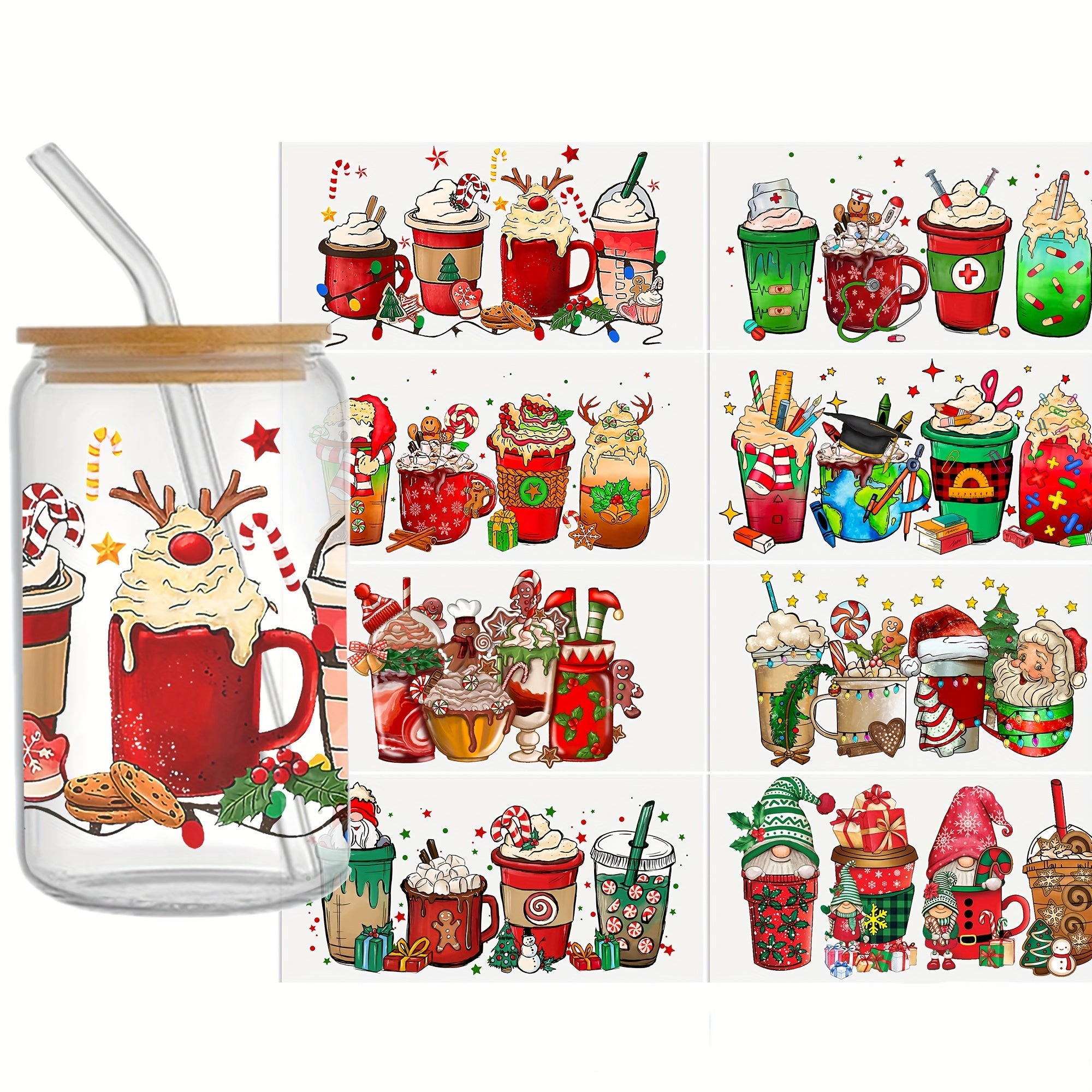 8pcs Christmas 3D UV DTF Stickers for 16oz Cup Packaging DIY Self Adhesive