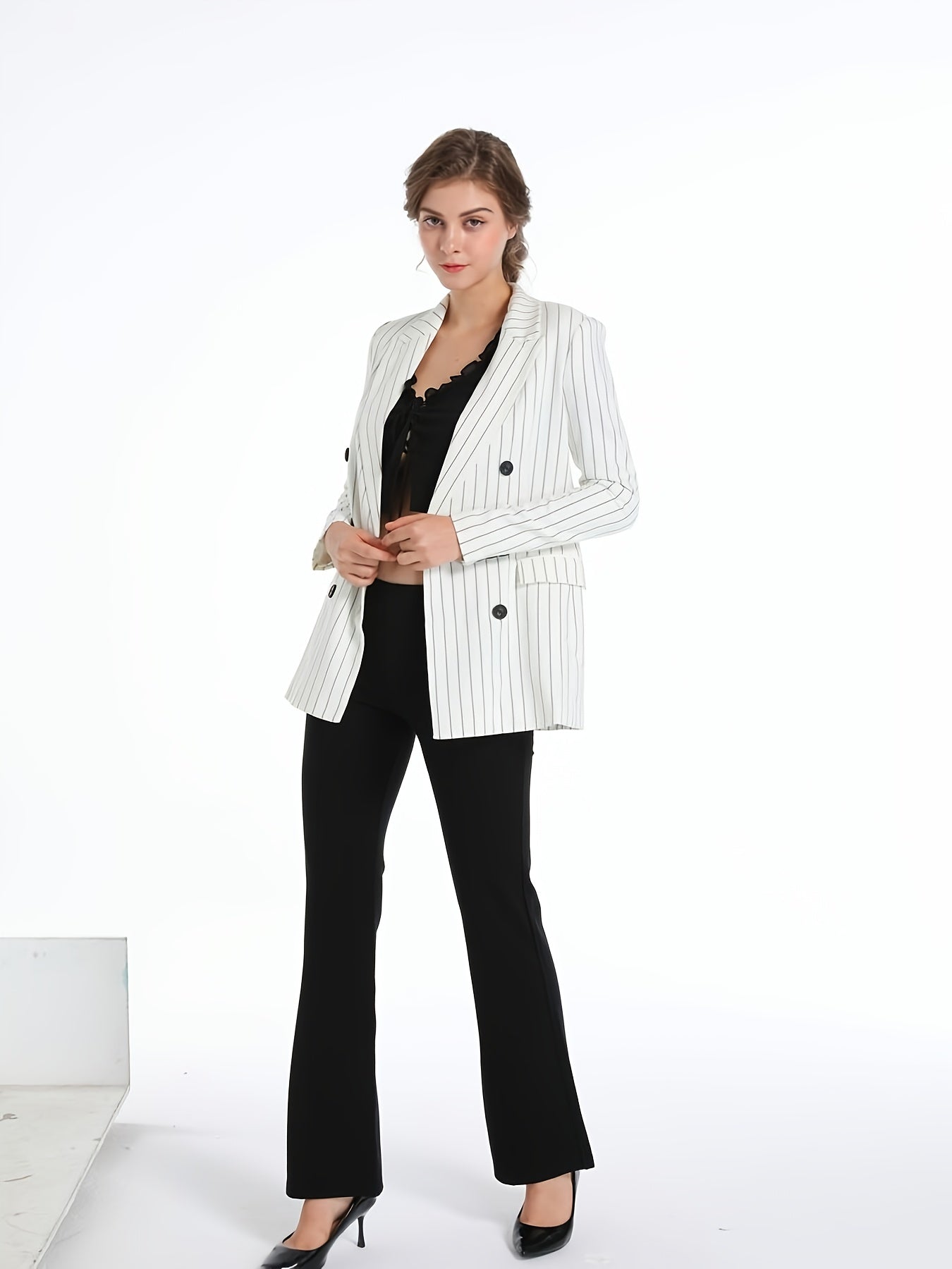 Striped Double Breasted Blazer Coat Casual Long Sleeve Loose Blazer