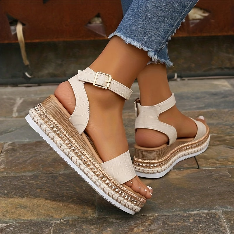 Studded Platform Sandals Ankle Buckle Strap Wedge Espadrille Sandals