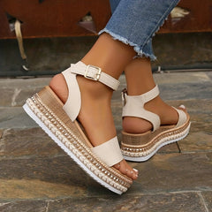 Studded Platform Sandals Ankle Buckle Strap Wedge Espadrille Sandals