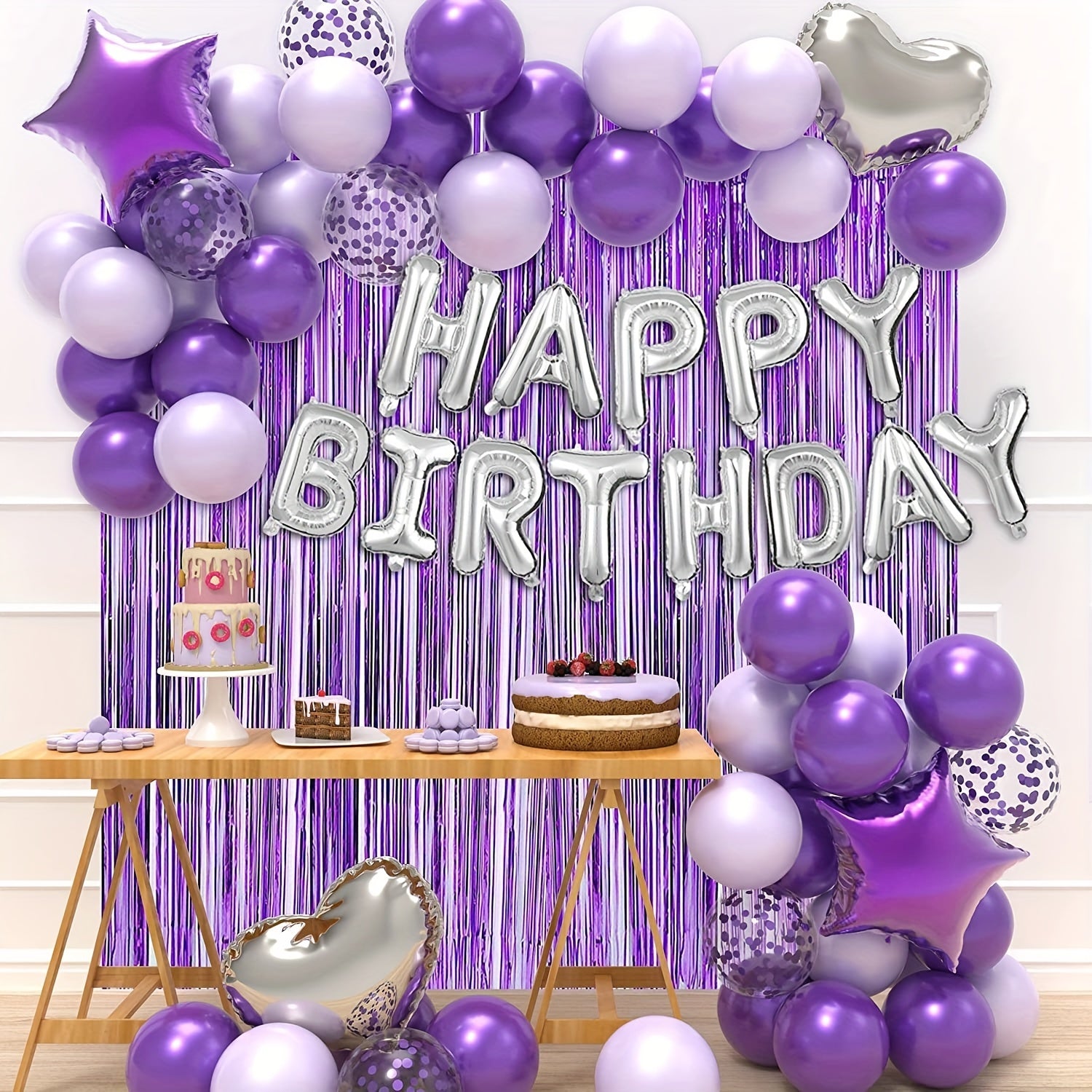 29pc Purple & Silver Birthday Balloon Set with Fringe Curtain