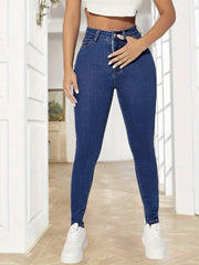 Curvy Plain Legs Dark Skinny Jeans High Waist Stretchy Denim Pants