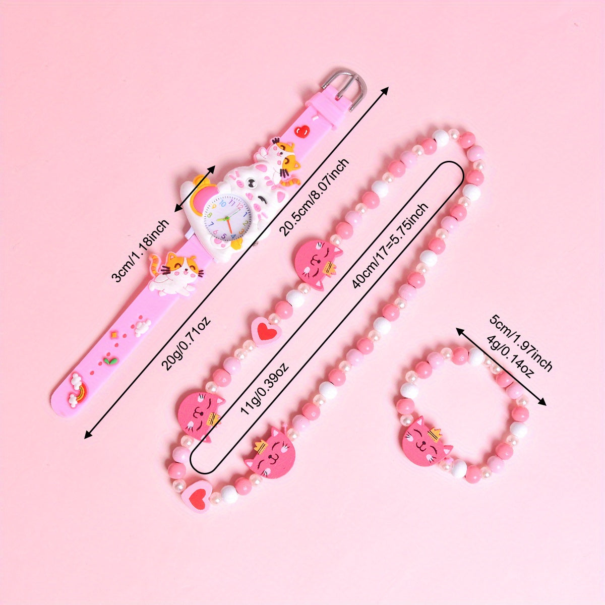 3Pcs Set Cartoon Cat Silicone Girls' Watch Big Eyed Kitten Wristwatch