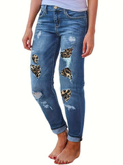 Ripped Leopard Patchwork High Waisted Skinny Jeans