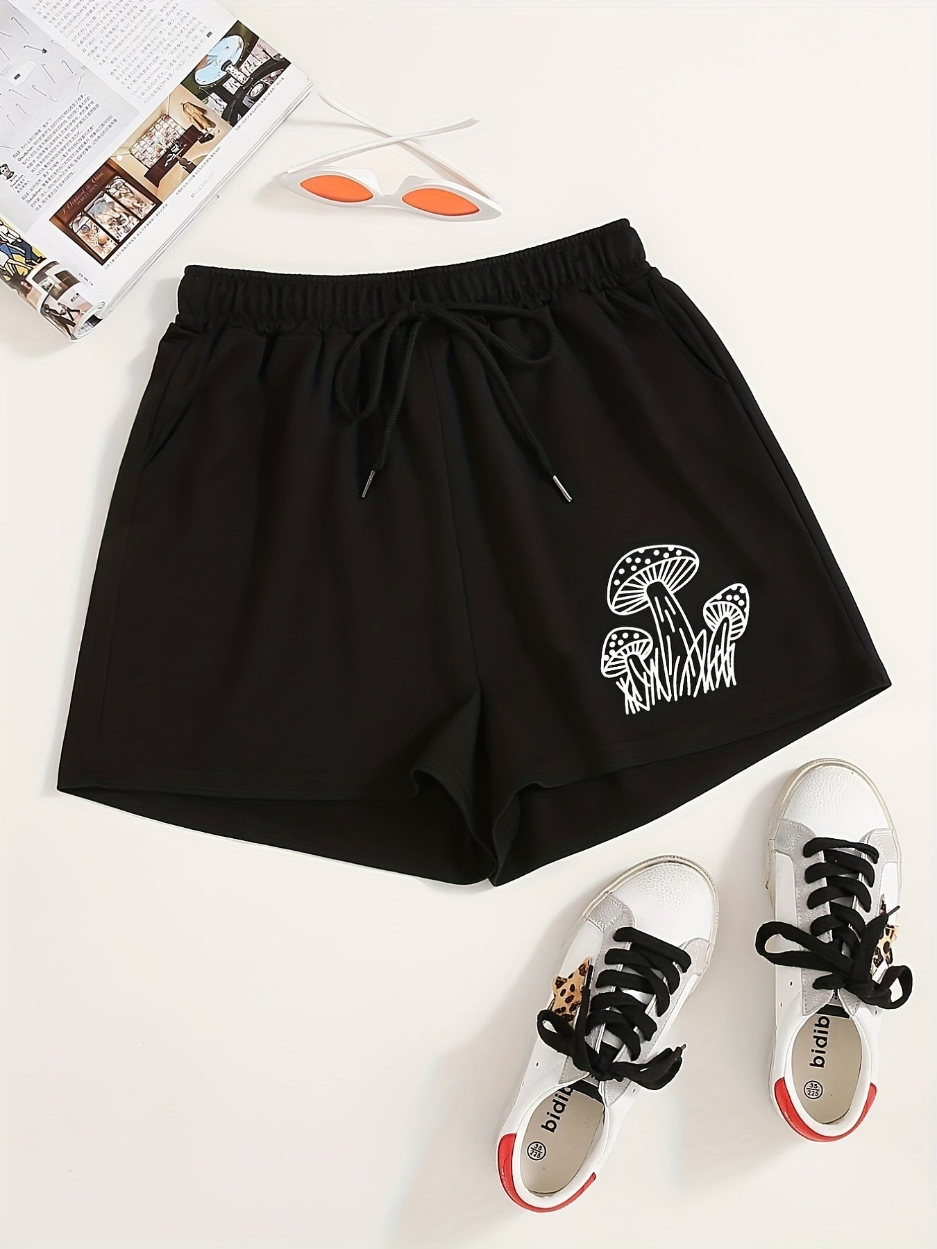 Mushroom Print Hotpants Drawstring Waist Shorts