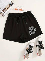 Mushroom Print Hotpants Drawstring Waist Shorts