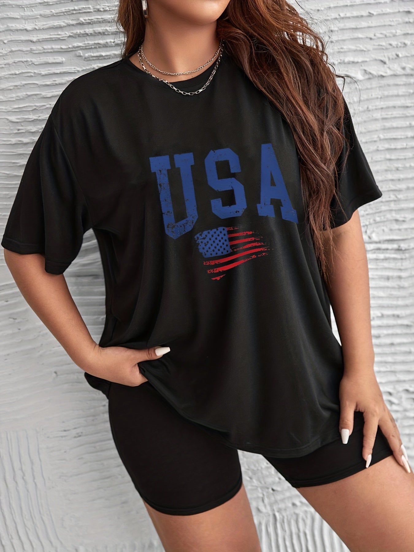 Independence Casual Loungewear Set Women's Plus Flag & Letter Print